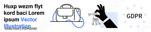 Closed briefcase, hand holding keys, GDPR text symbolize data security and regulation compliance. Ideal for cybersecurity, privacy policies, legal consultation, corporate training, data management