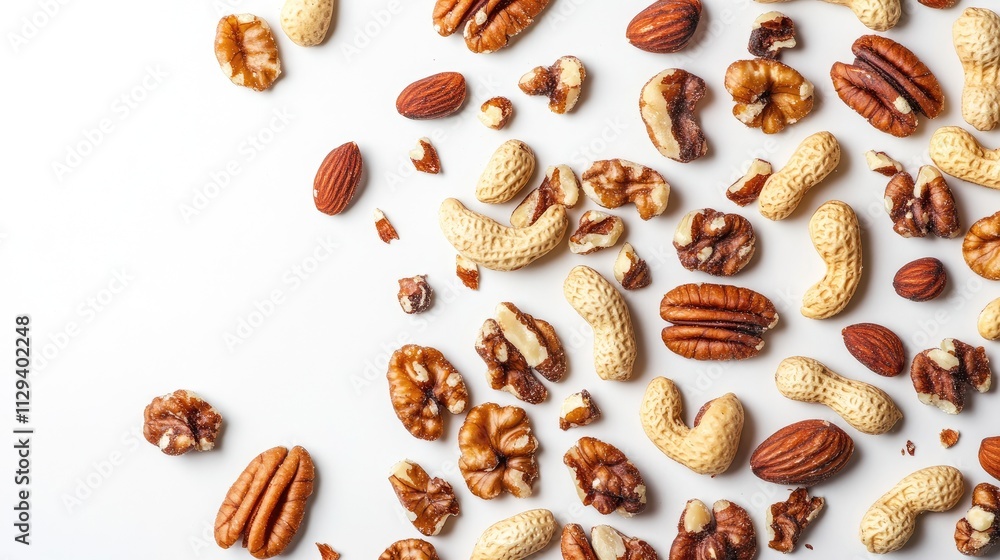 Assorted fried snack nuts scattered on a clean white backdrop showcasing peanuts walnuts almonds and pecans in a vibrant arrangement Assorted fried snack nuts scattered on a clean white backdrop showcasing peanuts walnuts almonds and pecans in a vibrant arrangement