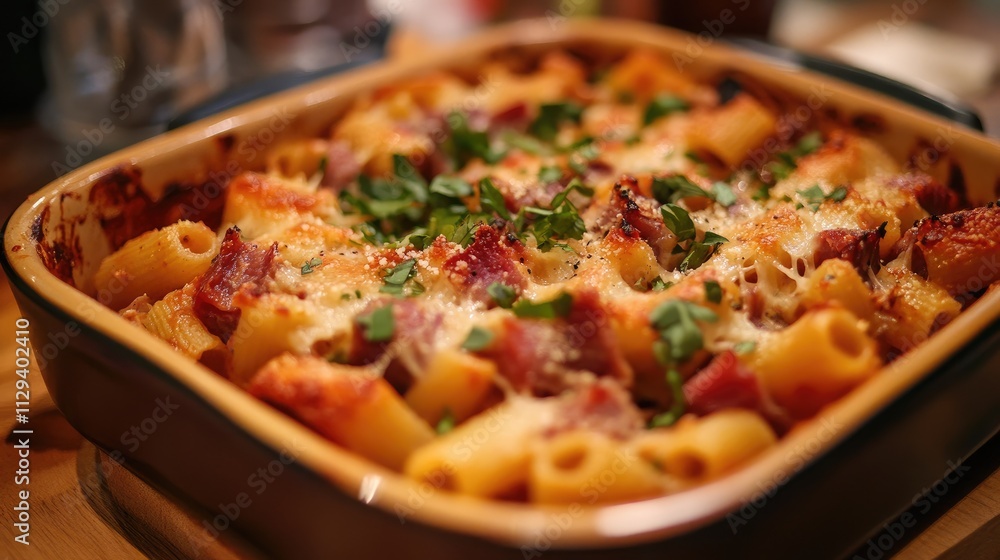 Baked Czech sunkofleky featuring small square pasta and smoked meat garnished with herbs in a rustic casserole dish Baked Czech sunkofleky featuring small square pasta and smoked meat garnished with herbs in a rustic casserole dish