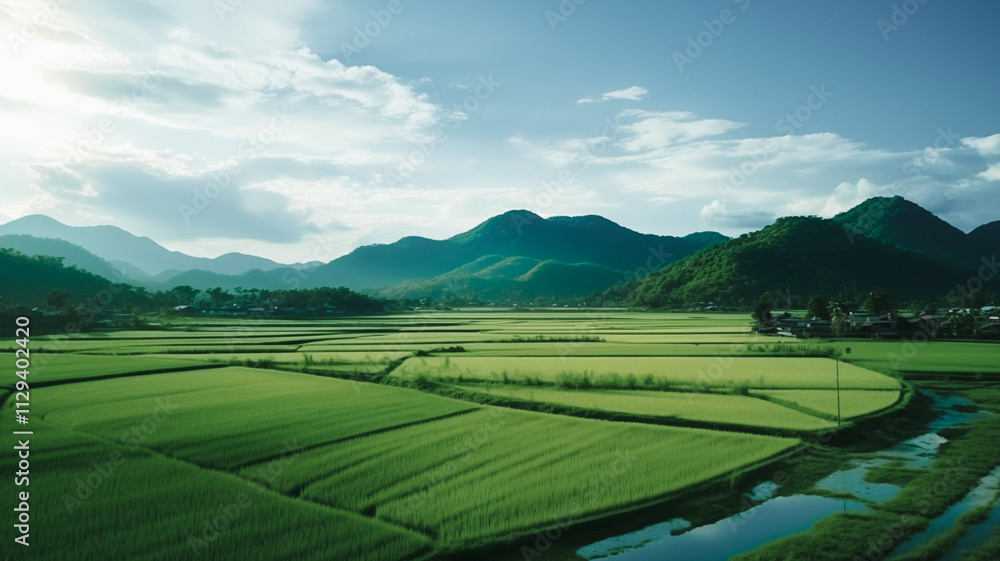 Fototapeta premium Aerial Top View Photography of Natural Rice Field Landscape with Sky and Lush Green Fields