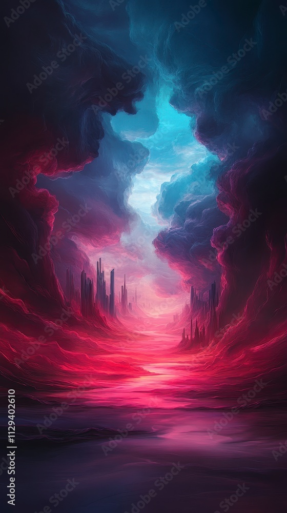 Fototapeta premium A vibrant, surreal landscape showcasing dramatic skies with swirling clouds and a striking horizon of pink and blue hues.