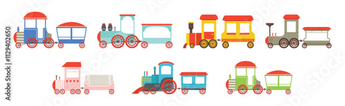 Cute Train Toy with Wagon and Chimney Vector Set