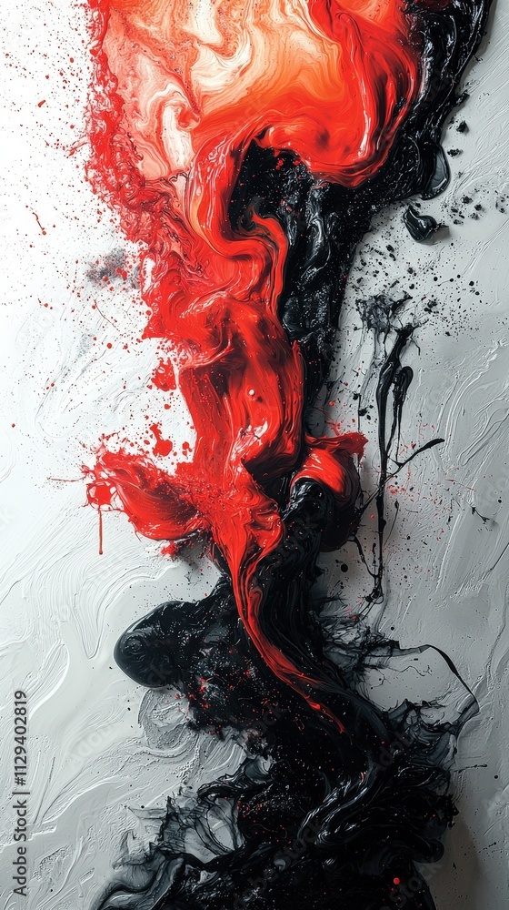 A striking abstract artwork featuring a powerful flow of red and black paint on a white background, creating a vivid and energetic visual impact. AI generated.