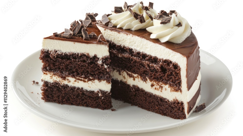 Sliced rich chocolate cake layered with creamy frosting and topped with chocolate shavings on a white plate Sliced rich chocolate cake layered with creamy frosting and topped with chocolate shavings on a white plate