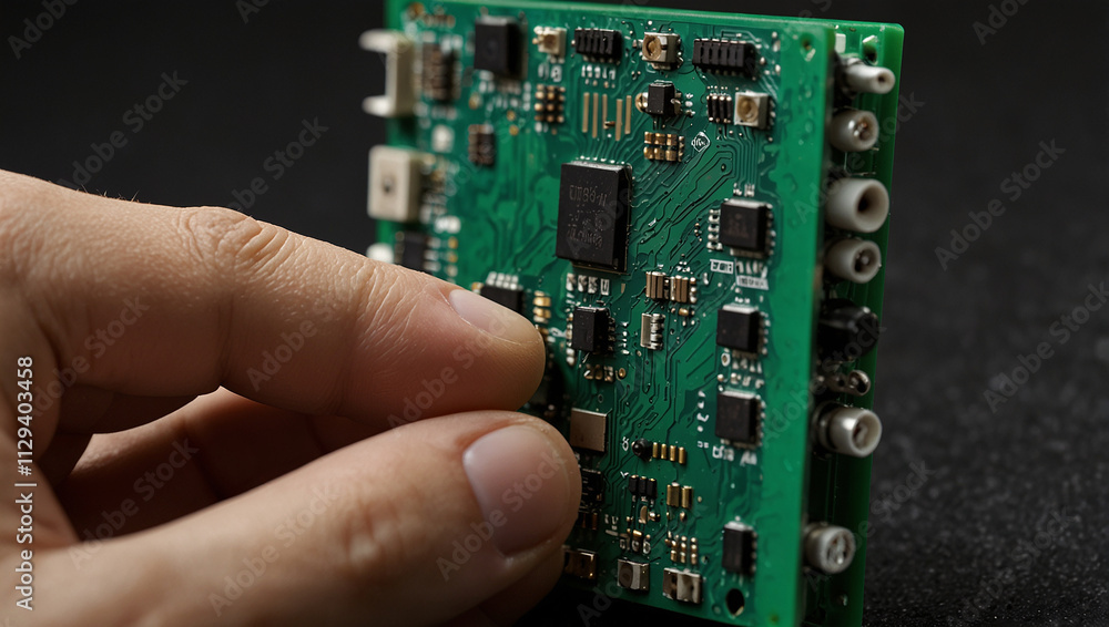 Hands are holding a green circuit board with a processor chip Hands are holding a green circuit board with a processor chip