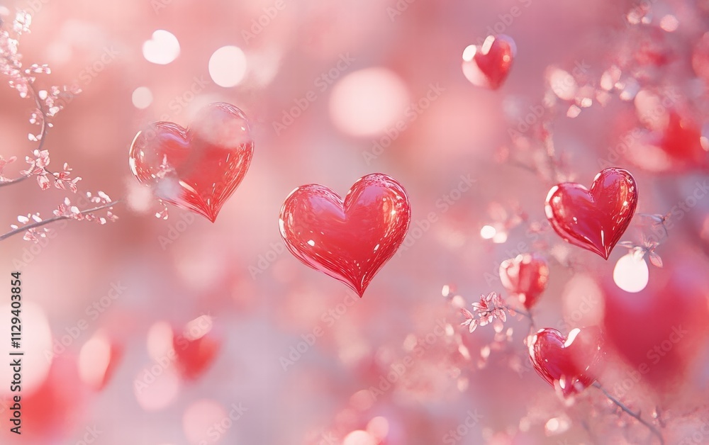 A soft pink background with floating red and white hearts creating a romantic atmosphere A soft pink background with floating red and white hearts creating a romantic atmosphere