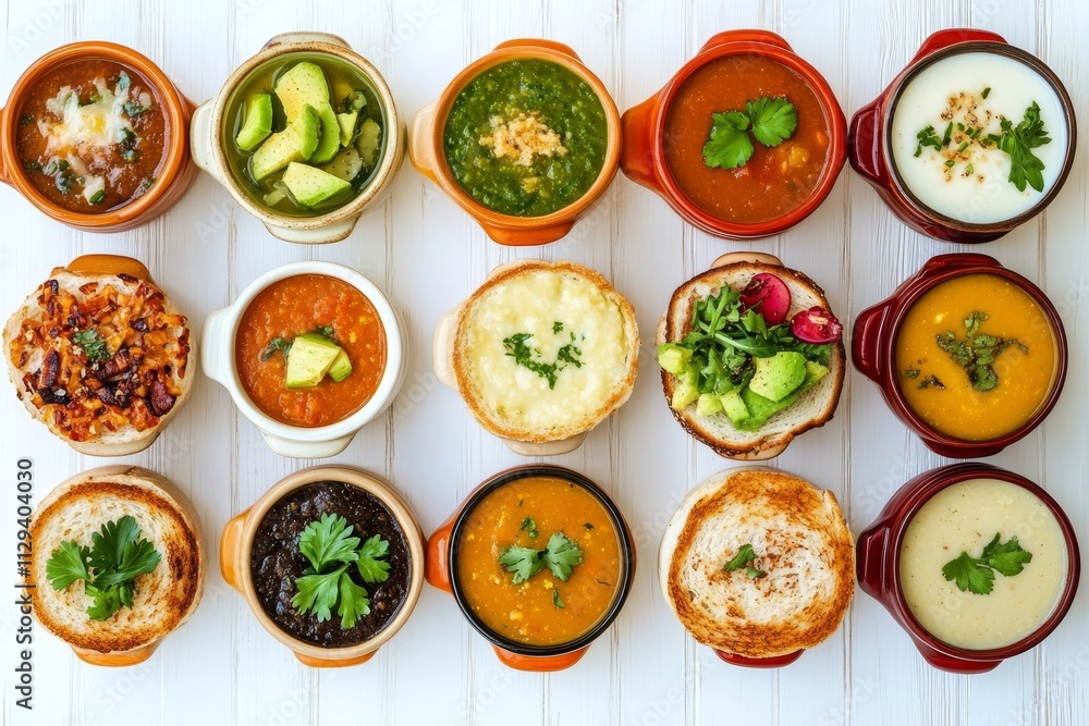 Overhead shot of sixteen small bowls filled with various colorful soups and toppings. Overhead shot of sixteen small bowls filled with various colorful soups and toppings.