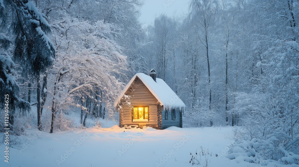 Cozy illuminated cabin in snowy winter woodland surrounded by frosted trees at night with warm glow from the window inviting tranquility Cozy illuminated cabin in snowy winter woodland surrounded by frosted trees at night with warm glow from the window inviting tranquility