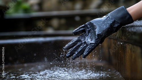 Protective glove submerged in water at a fountain showcasing selective focus and water splashes for hygiene and cleaning themes photo