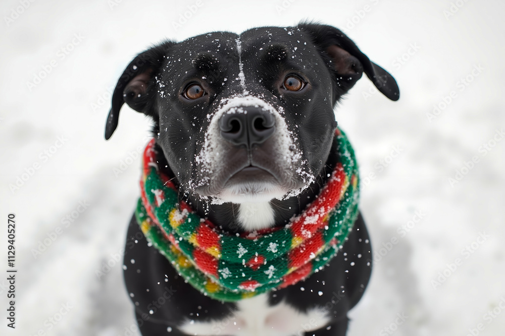 A black and white dog wearing a scarf in the snow A black and white dog wearing a scarf in the snow