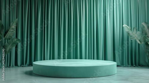 3D rendered podium with green curtain backdrop for product display