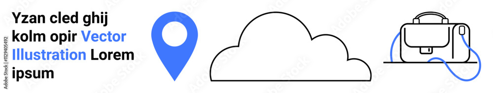 Blue location pin, black cloud outline, black and white bag with blue strap. Ideal for technology, education, travel, storage, connectivity, cloud services, marketing. Landing page Blue location pin, black cloud outline, black and white bag with blue strap. Ideal for technology, education, travel, storage, connectivity, cloud services, marketing. Landing page