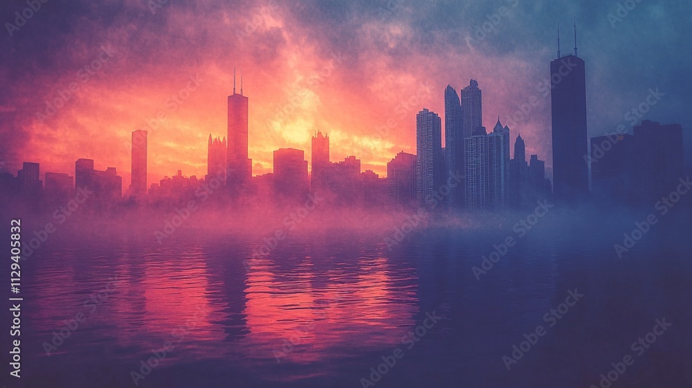 A vibrant city skyline emerges through mist, illuminated by a stunning sunset, reflecting colors on the water's surface. A vibrant city skyline emerges through mist, illuminated by a stunning sunset, reflecting colors on the water's surface.
