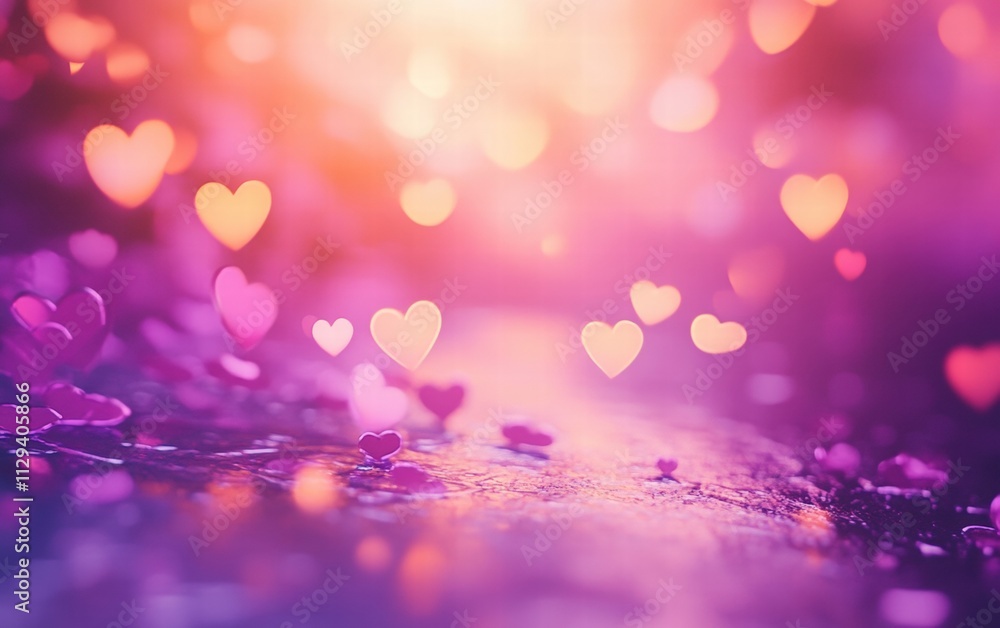 A pastel pink and purple gradient background with softly glowing bokeh lights in heart shapes for valentines day A pastel pink and purple gradient background with softly glowing bokeh lights in heart shapes for valentines day