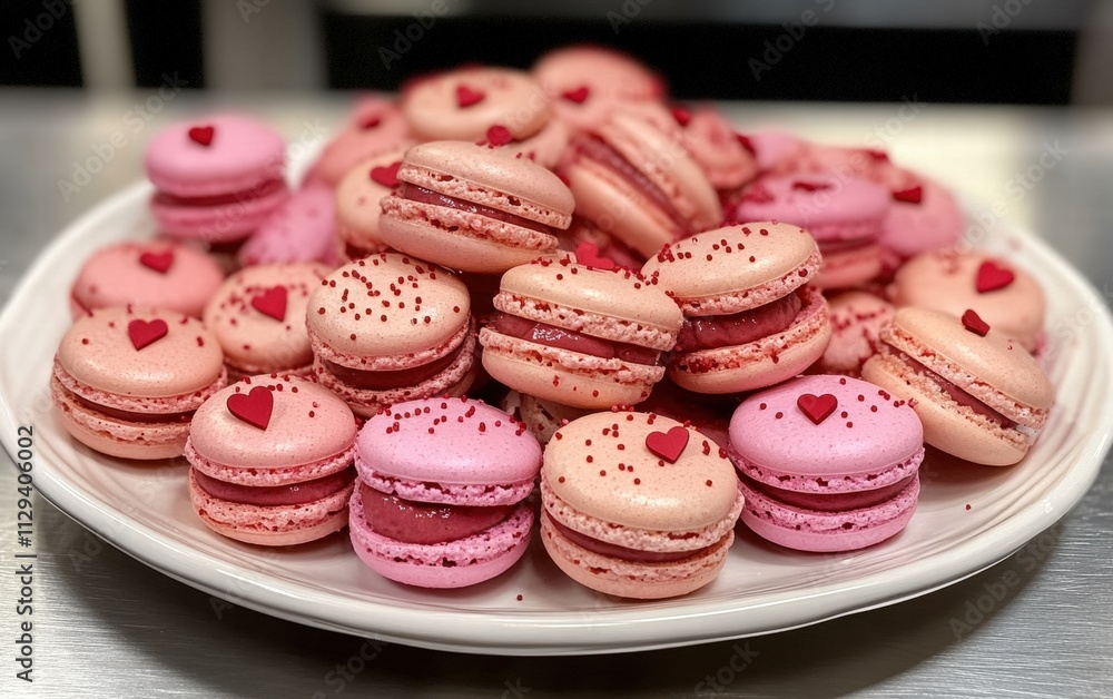 Fototapeta premium A plate of macarons in pink and red with tiny heart details for valentines day