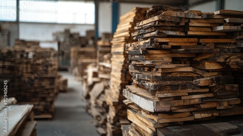 Stacks of wooden boards neatly piled in a factory warehouse showcasing raw materials for manufacturing and craftsmanship processes