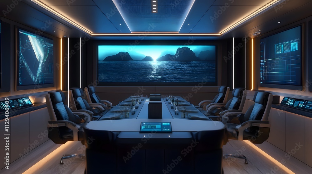 A high-tech conference room with large LED screens and comfortable seating for ten people, all surrounded by advanced tech equipment and digital displays