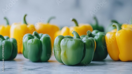 Fresh green and yellow bell peppers on a white background