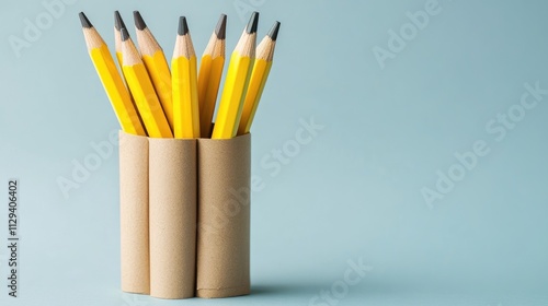 Reusable packaging concept featuring yellow pencils in cardboard tubes on a light grey background with ample copyspace for branding or text. photo