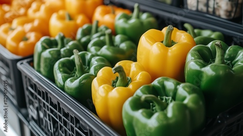 Fresh green and yellow bell peppers on a white background