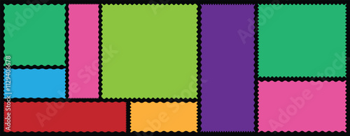 Colorful zigzag frame. Rectangle shape frame with zigzag edge. Rectangular jagged curved box element.  Set of various shapes and colors frames. Different shapes and sizes frame with zigzag edge