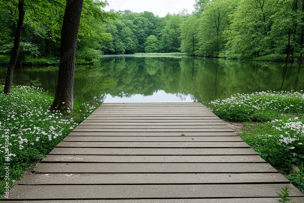 Tranquil forest lake with wooden dock in springtime Tranquil forest lake with wooden dock in springtime