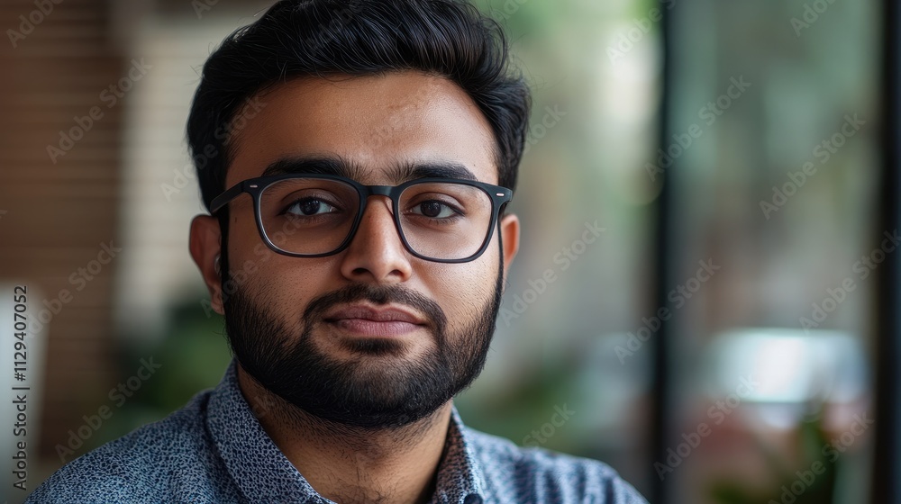 Young man with glasses smiling confidently in a modern setting reflecting technology and communication in a professional context Young man with glasses smiling confidently in a modern setting reflecting technology and communication in a professional context