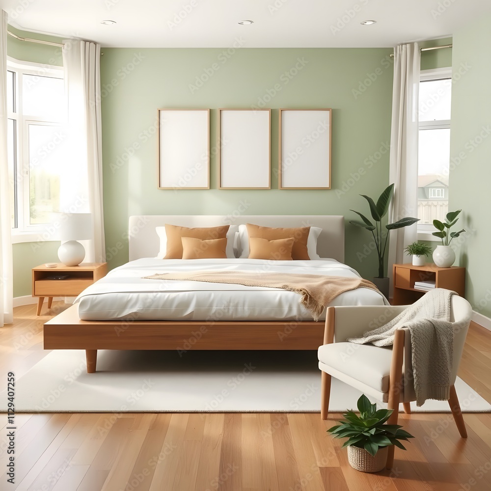 Fototapeta premium Modern Luxury Bedroom Interior with Elegant Grey Bed, Wooden Nightstands, and Minimalist Decor