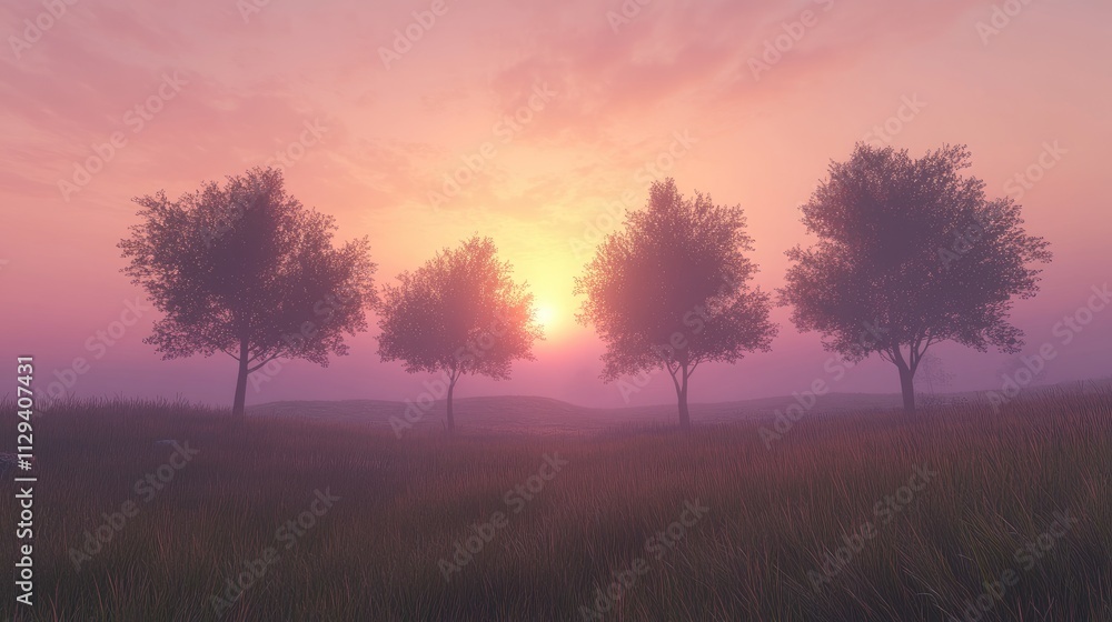 Group of trees silhouetted against a romantic sunrise on a serene pasture landscape with soft colors and gentle mist