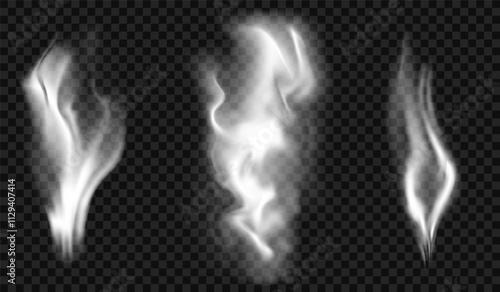 Collection of translucent white clouds of smoke on transparent background. Suitable for overlaying on dark backgrounds. Transparency in vector format