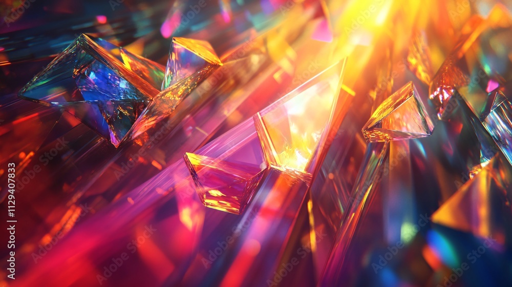 A vibrant display of colorful crystals reflecting light, creating a dazzling spectrum of hues and geometric shapes. A vibrant display of colorful crystals reflecting light, creating a dazzling spectrum of hues and geometric shapes.