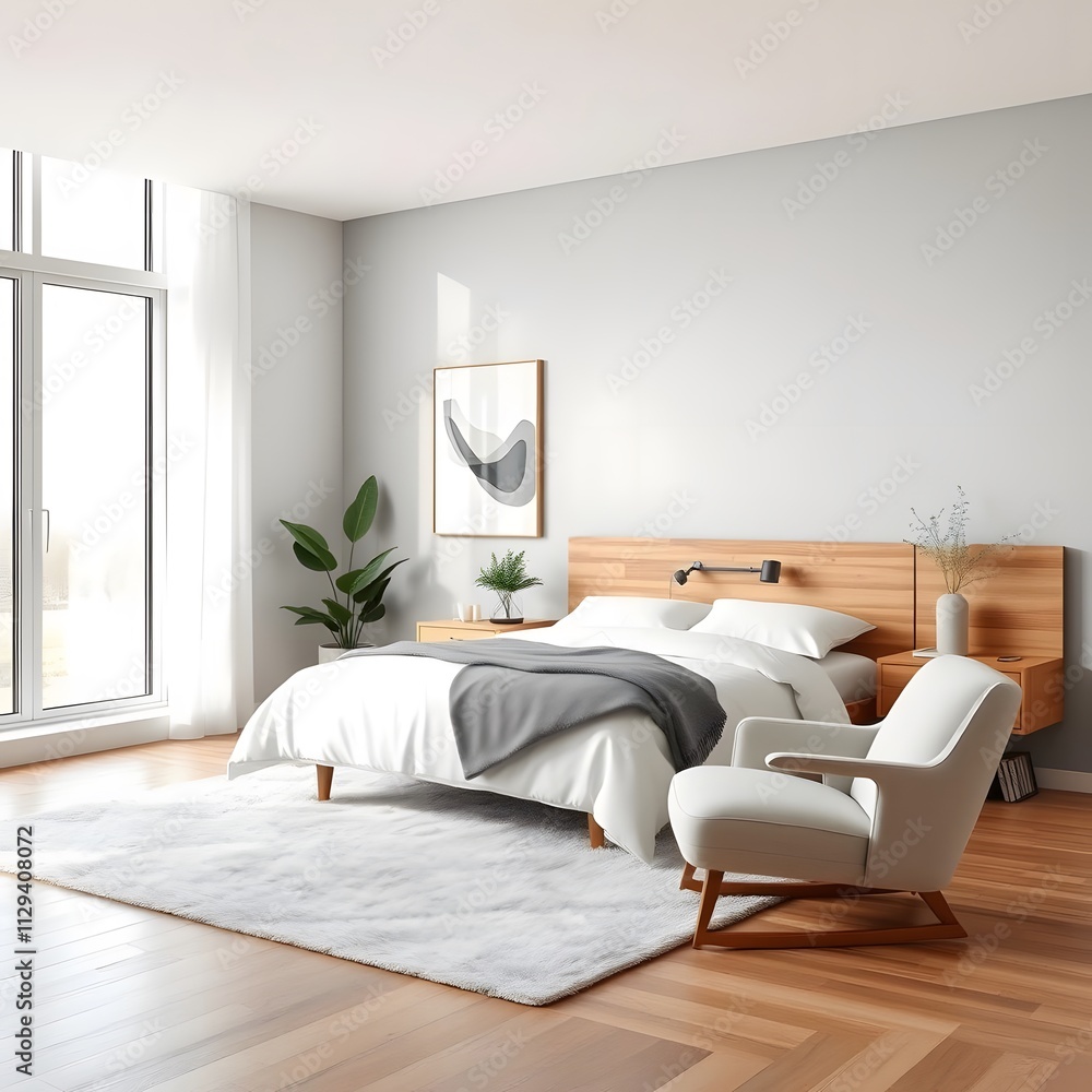 Modern Luxury Bedroom Interior with Elegant Grey Bed, Wooden Nightstands, and Minimalist Decor Modern Luxury Bedroom Interior with Elegant Grey Bed, Wooden Nightstands, and Minimalist Decor