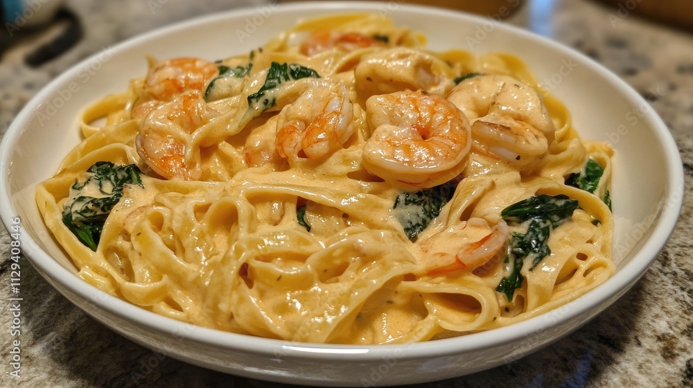 Creamy seafood pasta with shrimp and spinach in a savory sauce served in a white bowl on a textured countertop Creamy seafood pasta with shrimp and spinach in a savory sauce served in a white bowl on a textured countertop