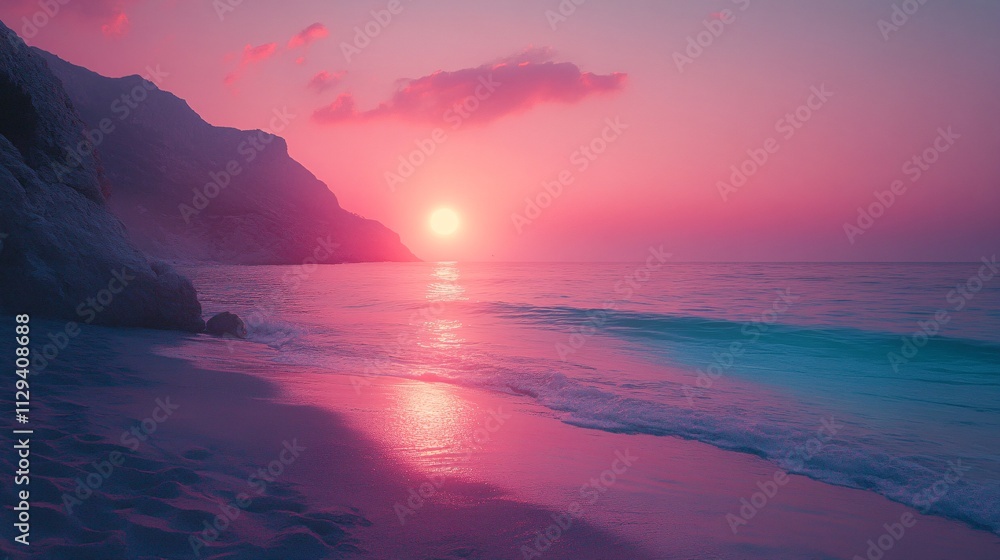 A serene beach scene at sunset, featuring vibrant pink and purple hues reflecting on gentle waves, with cliffs in the background. A serene beach scene at sunset, featuring vibrant pink and purple hues reflecting on gentle waves, with cliffs in the background.