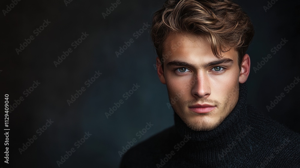 Handsome young man in a dark turtleneck sweater posing confidently in a studio portrait against a moody backdrop Handsome young man in a dark turtleneck sweater posing confidently in a studio portrait against a moody backdrop