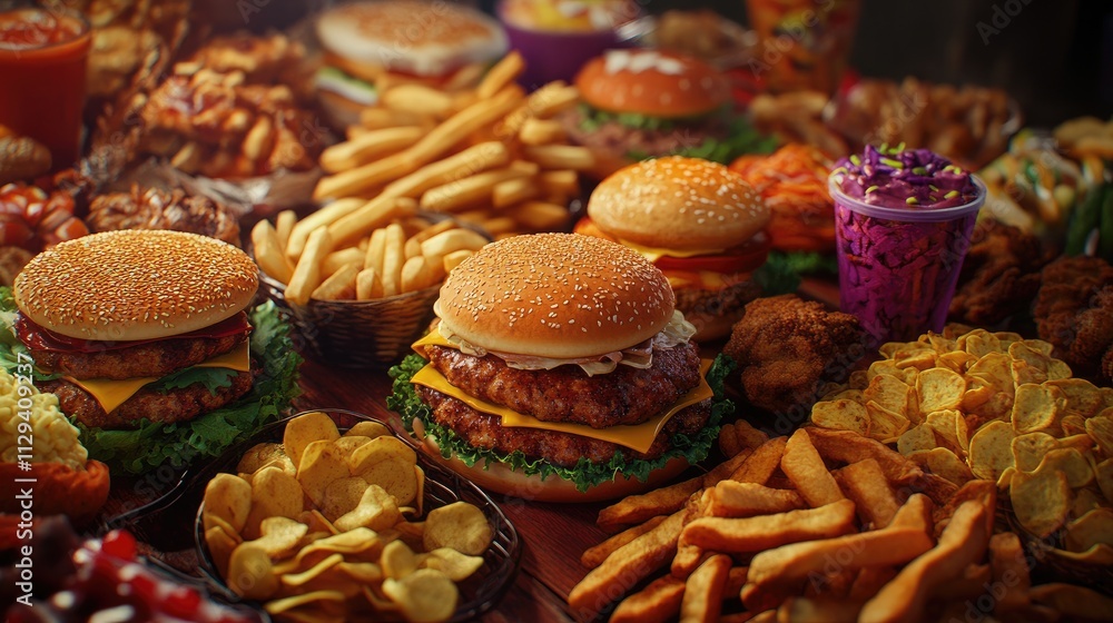 Fototapeta premium Variety of Fast Food and Snack Delights Including Burgers Fried Chicken Fries Chips and Fresh Salads with Sauces Perfect for Food Lovers