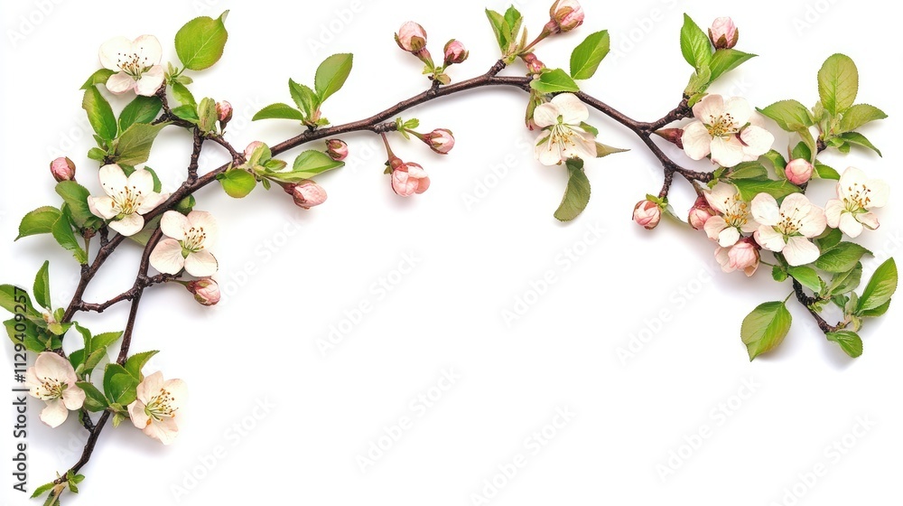 Obraz premium Spring floral branch with blooming flowers and fresh leaves arranged decoratively on a clean white background for nature-themed designs