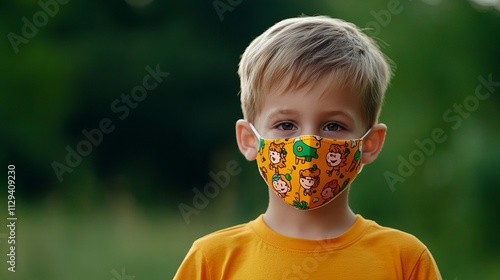 Young Caucasian boy wearing a colorful mask with animal prints, smiling in a green outdoor setting. photo