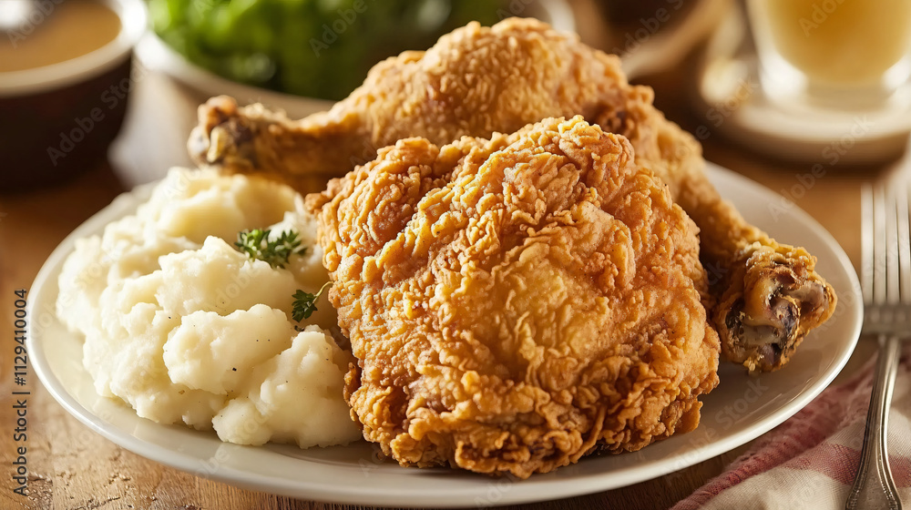 A golden-brown crispy fried chicken served with a side of mashed potatoes and creamy gravy. A golden-brown crispy fried chicken served with a side of mashed potatoes and creamy gravy.