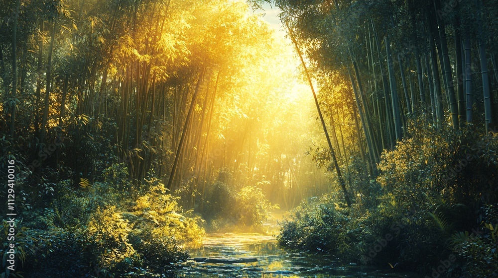 Obraz premium A serene bamboo forest with golden light filtering through the trees, illuminating a tranquil stream surrounded by lush greenery.