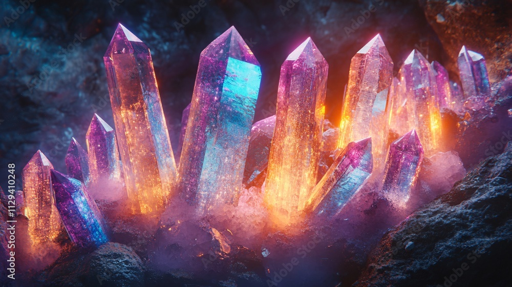A stunning cluster of vibrant, glowing crystals in shades of purple and blue, surrounded by darkness, creating a magical and otherworldly atmosphere. A stunning cluster of vibrant, glowing crystals in shades of purple and blue, surrounded by darkness, creating a magical and otherworldly atmosphere.