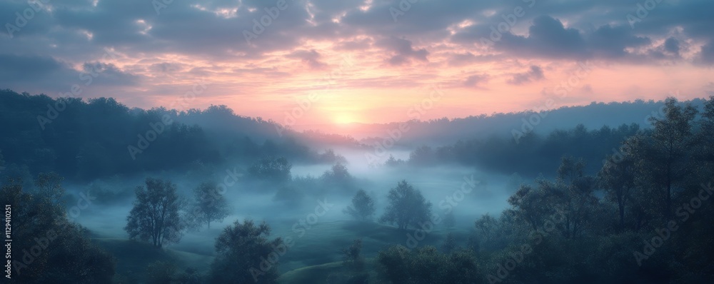 Fototapeta premium Misty Dawn Breaks Over Serene Forest Landscape, Generative AI