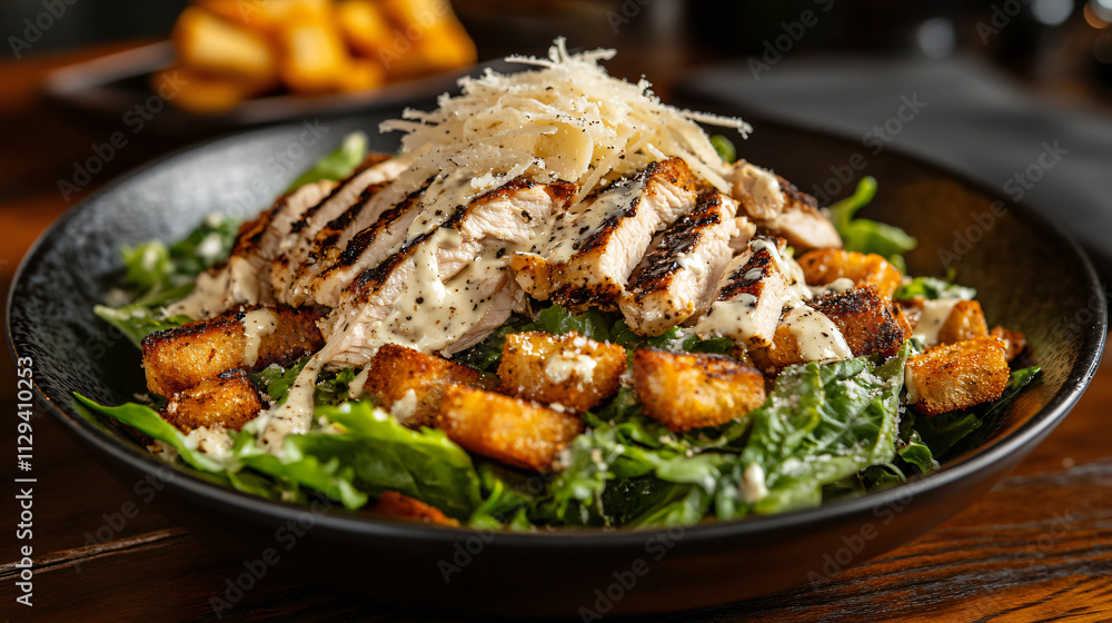 A grilled chicken Caesar salad with crispy croutons, parmesan cheese, and Caesar dressing. A grilled chicken Caesar salad with crispy croutons, parmesan cheese, and Caesar dressing.