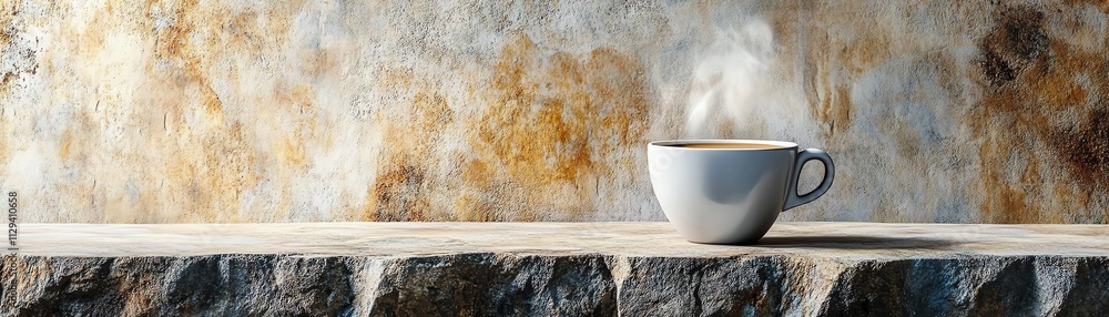 A steaming cup of coffee on a stone surface against a textured background. A steaming cup of coffee on a stone surface against a textured background.