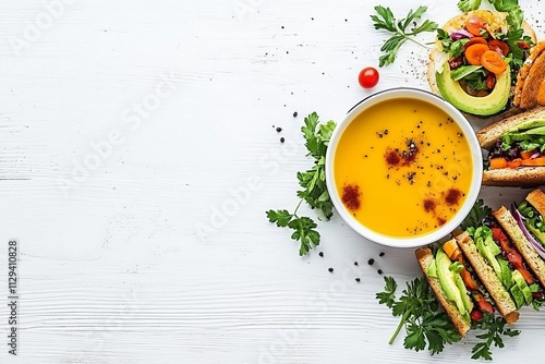 Delicious vegan soup and avocado sandwiches on white wood.