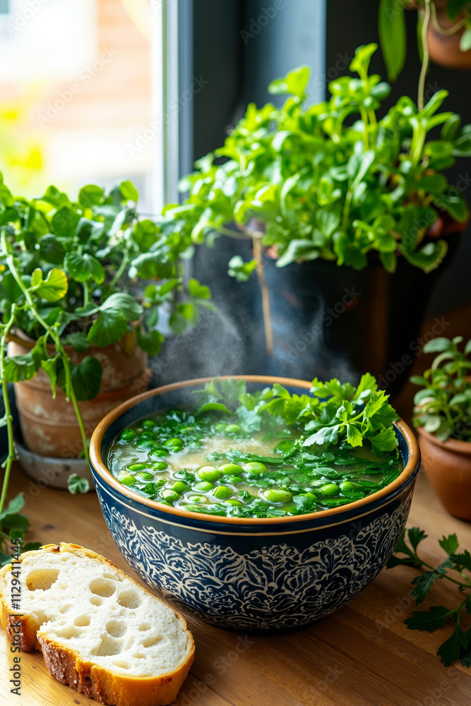 A bowl of soup with a piece of bread on a wooden table A bowl of soup with a piece of bread on a wooden table