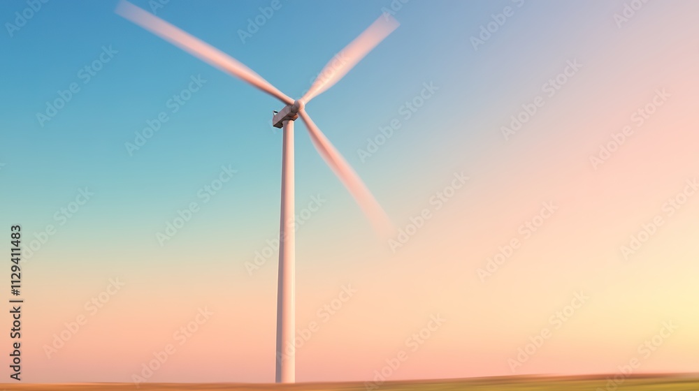 Fototapeta premium wind turbine captured against clear blue sky with blurred fields in foreground adding depth to image
