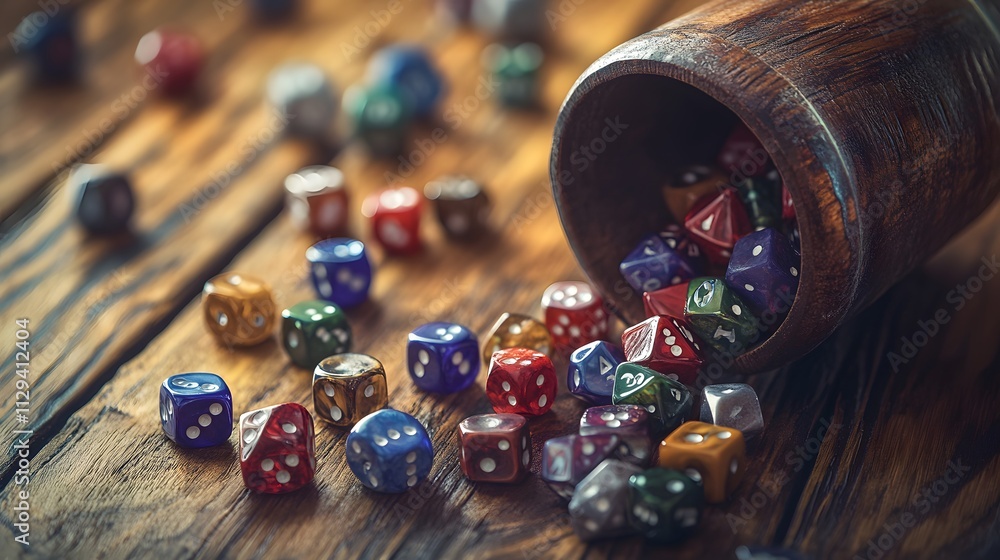 A macro shot of a dice cup tipped over with dice spilling onto a wooden table. A macro shot of a dice cup tipped over with dice spilling onto a wooden table.