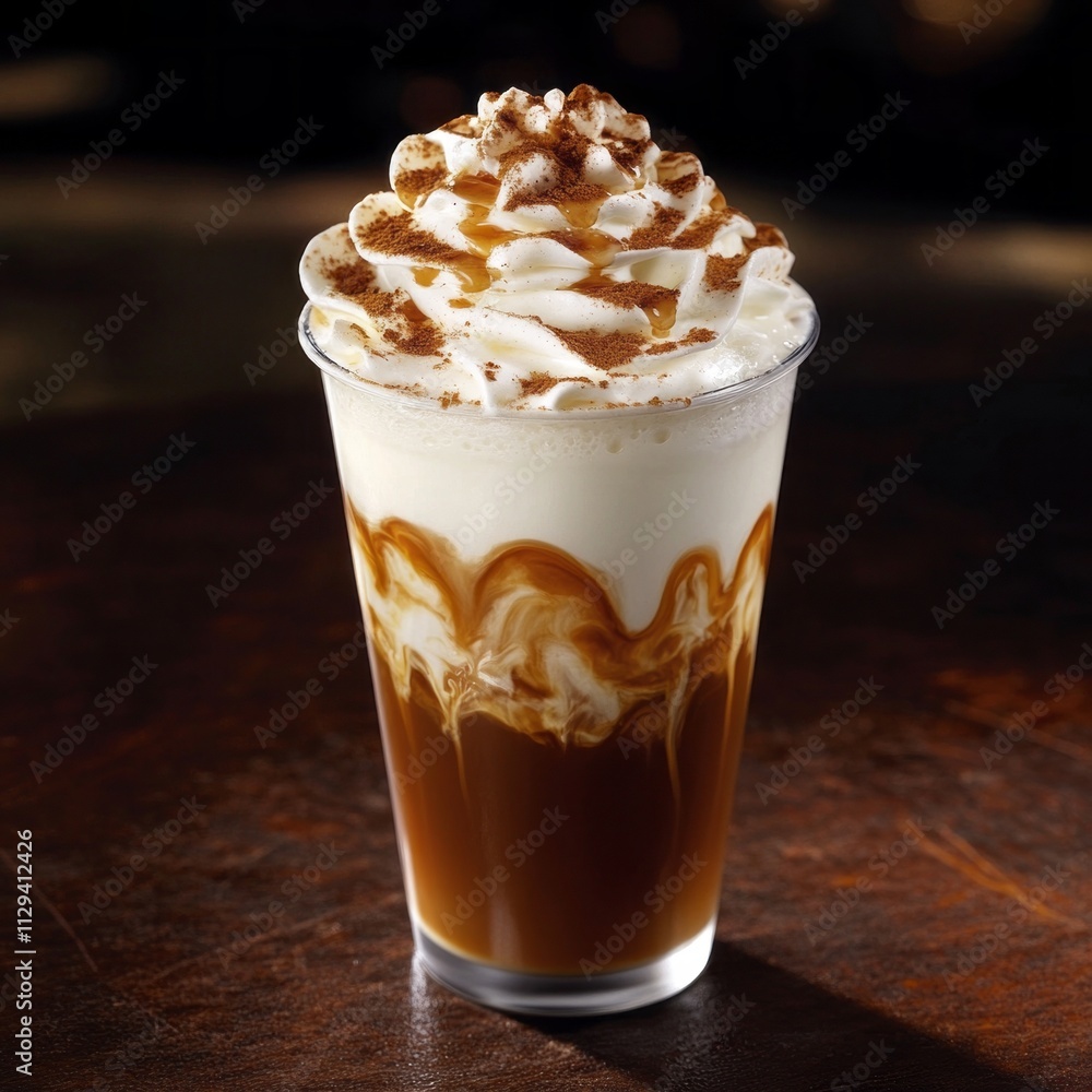 Delicious coffee beverage topped with whipped cream and chocolate drizzle at a cozy cafe Delicious coffee beverage topped with whipped cream and chocolate drizzle at a cozy cafe