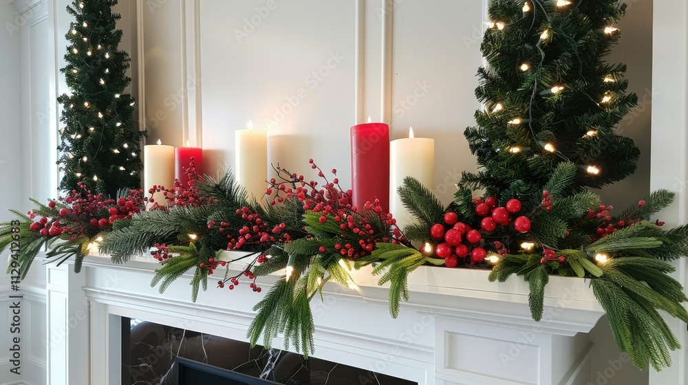 Fototapeta premium Christmas red berries and greenery with white lights wrapped around the candles 